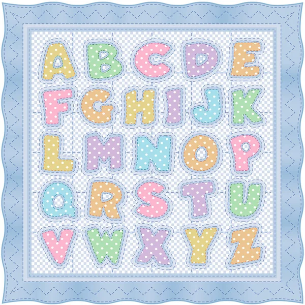Детское одеяло алфавита, Gingham Check and Pastel Polka Dots, Blue Pastel Background — стоковый вектор