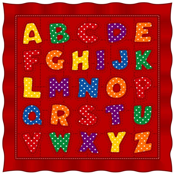 Alphabet courtepointe pour bébé, lettres lumineuses, chèques de Gingham et pastel à pois, fond rouge — Image vectorielle