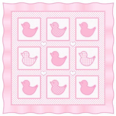 Bebek ördekler yorgan, pastel pembe ve beyaz şemsiye, lekeli, saten kenarlık 