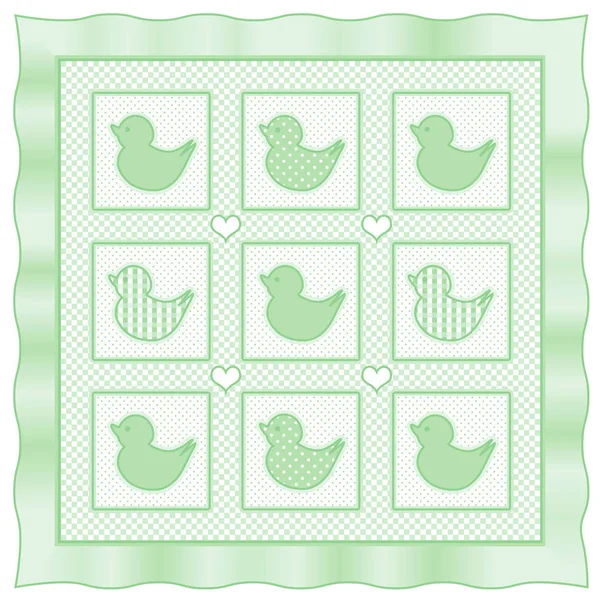 Bebê Patos Quilt, verde pastel e gingham branco, bolinhas, borda de cetim — Vetor de Stock