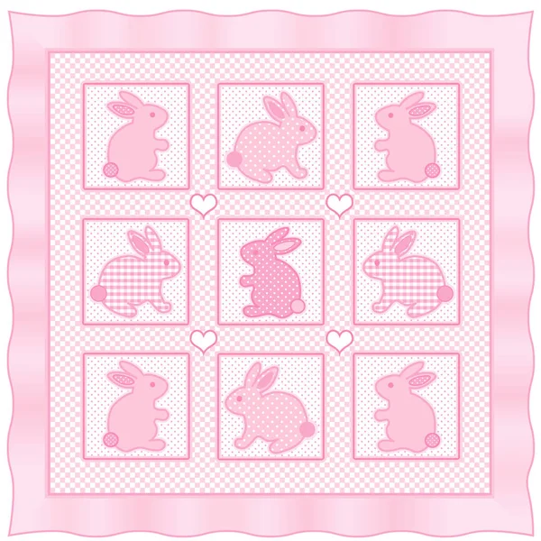 Baby Bunny Quilt, rosa pastel e gingham branco, bolinhas, borda de cetim — Vetor de Stock