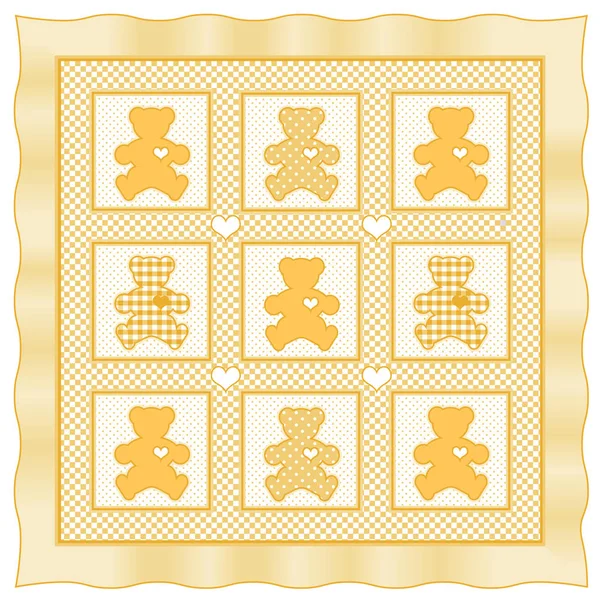 Ours en peluche Courtepointe, jaune soleil pastel et blanc gingham, pois, bordure satinée — Image vectorielle