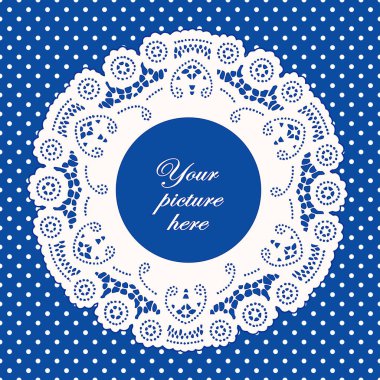Dantel bardak altlığı peçete resim çerçevesi, parlak mavi Polka Dot arka plan