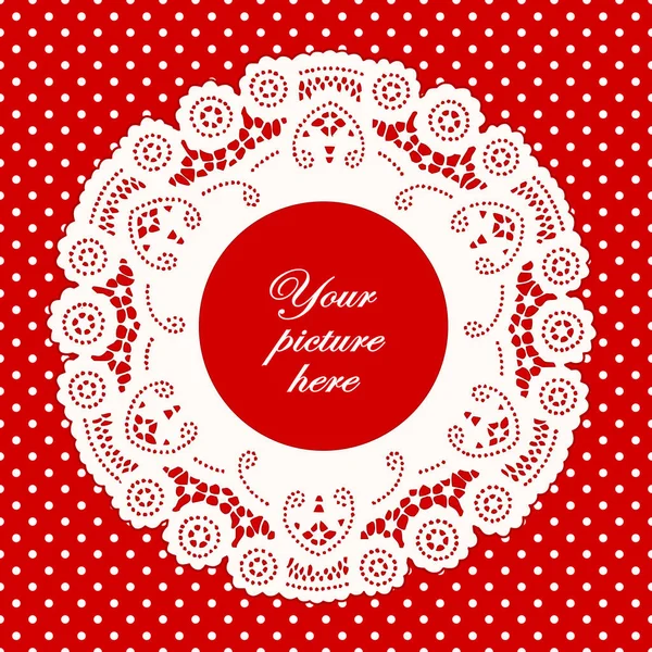 Dantel bardak altlığı peçete resim çerçevesi, parlak kırmızı puantiyeli arka plan