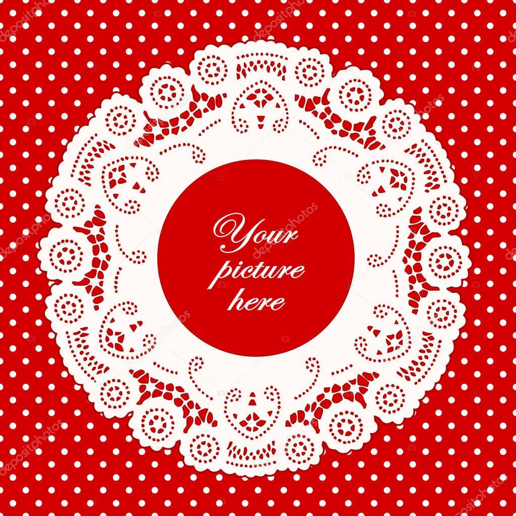 Lace Doily Picture Frame, Bright Red Polka Dot Background