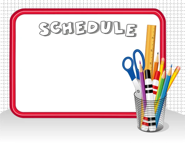 Whiteboard Schedule with Office Supplies in Desk Organizer, Copy Space — Stock Vector