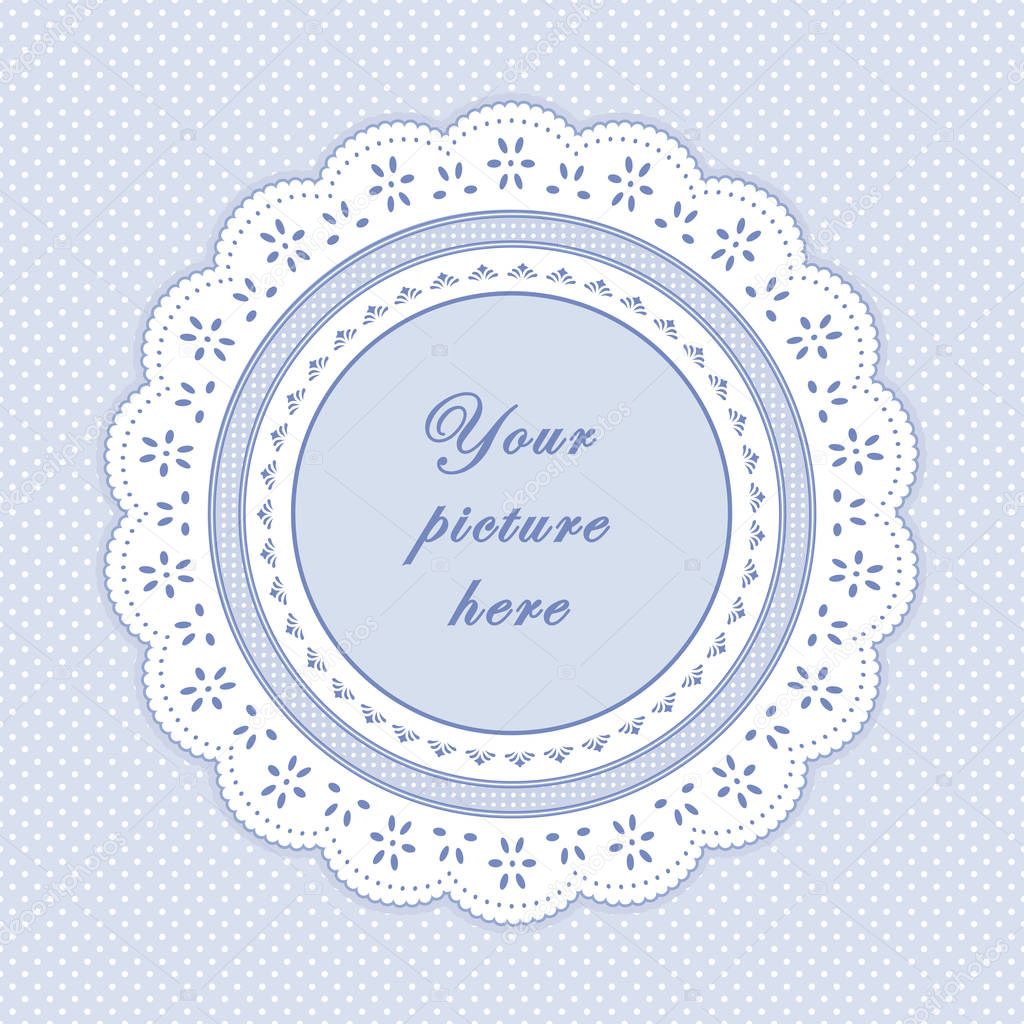 Lace Eyelet Doily Picture Frame, Pastel Blue Polka Dot Background