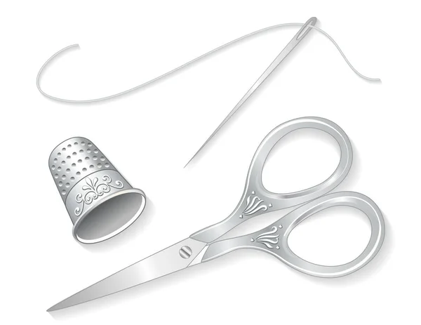 Швейный набор, винтажные серебряные выгравированные ножницы, наперсток, игла и нитка — стоковый вектор