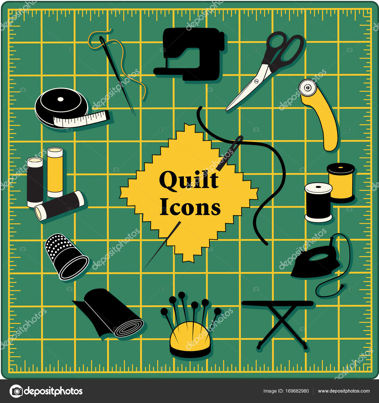 Quilt, Patchwork, DIY Sewing Icons on Green Cutting Mat ⬇ Vector Image
