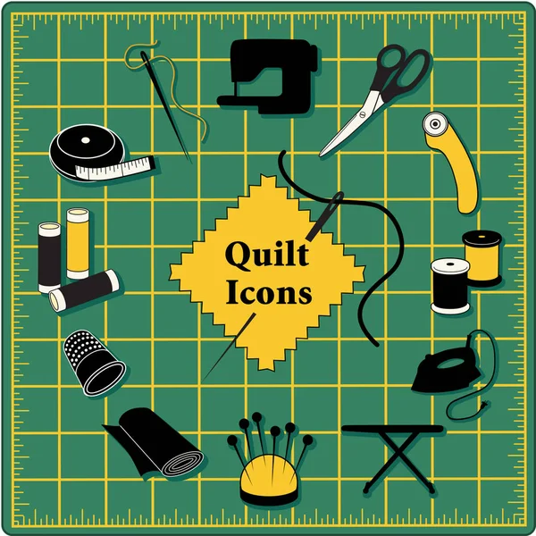 Quilt, Patchwork, DIY Sewing Icons on Green Cutting Mat — Stock Vector