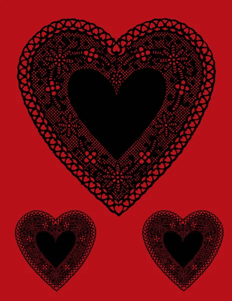 Koronkowe serca serwetki, Vintage czarne na czerwonym tle — Wektor stockowy