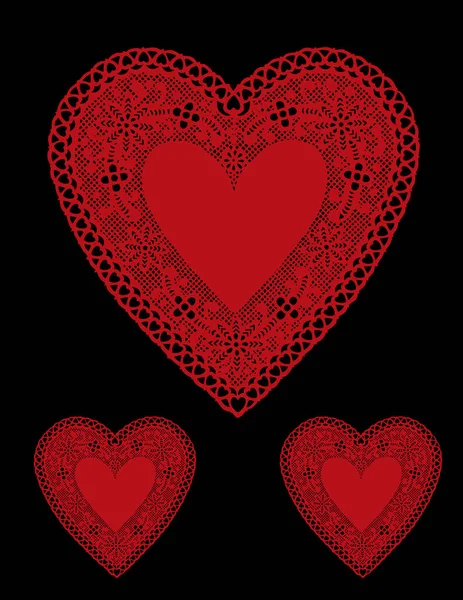 Lace Heart Doilies, Vintage Red on Black Background — Stock Vector