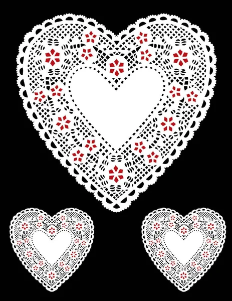 Мереживні серця Doilies, білого кольору з червоні зірки на чорному фоні — стоковий вектор