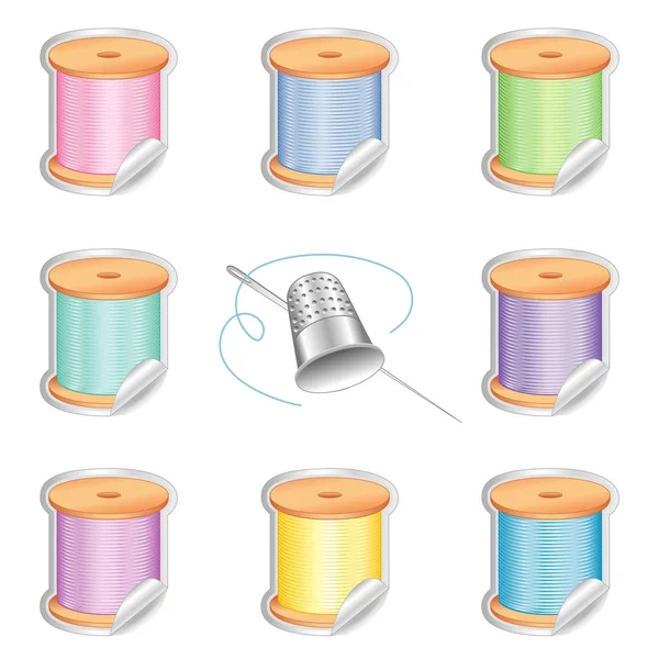 Pegatinas de agujas e hilos, dedal, colores pastel — Vector de stock