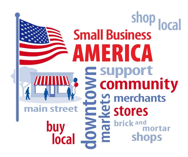 Small Business America słowo Cloud, Flaga Amerykańska — Wektor stockowy