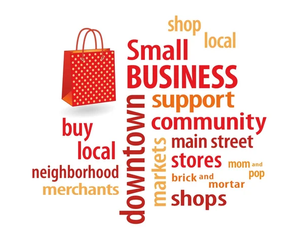 Small Business Shop lokalne, kupić lokalne słowo Cloud, jasne czerwona torba na zakupy — Wektor stockowy