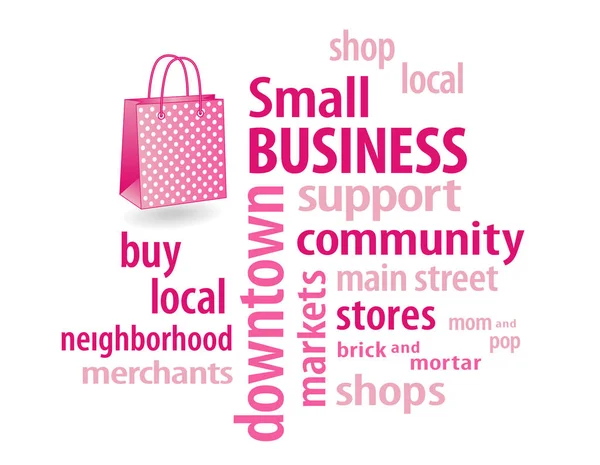 Small Business Shop Local, Buy Local Word Cloud, Pastel Pink Shopping Bag — Stock Vector