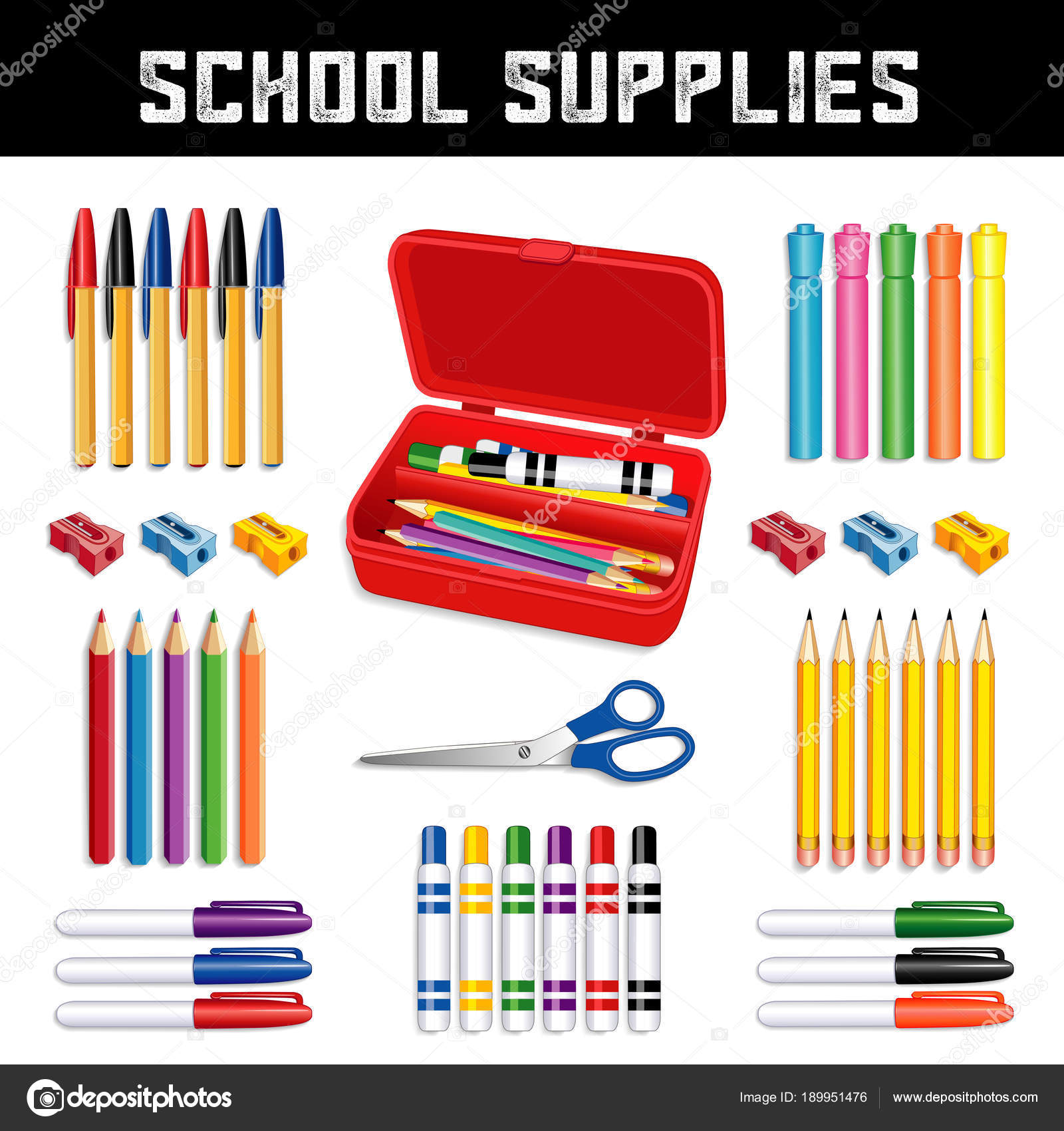 School Supplies Clipart: scissors, glue, colored pencils, markers, crayons,  pens