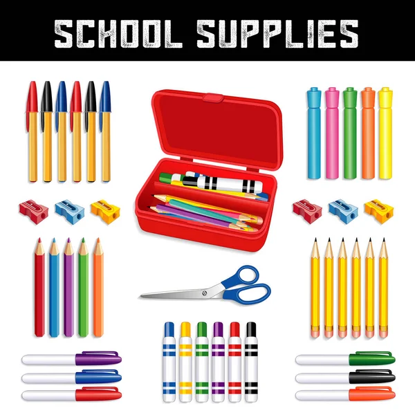 Fournitures scolaires, boîte à crayons — Image vectorielle