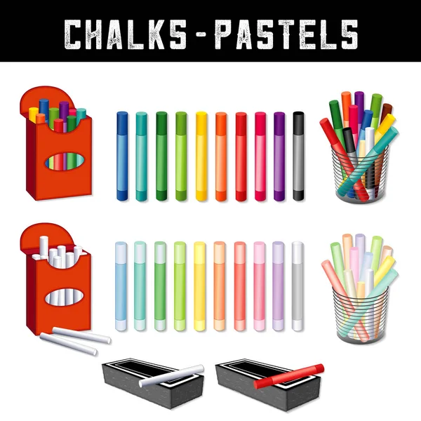 Chalks Pasztell Ceruzák Művészeti Kellékek Húsz Szivárvány Színeit Pult Szervezők — Stock Vector