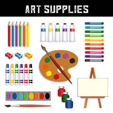 Sanat malzemeleri toplama: renkli kalemler, sharpeners, tüp boya, pastel boya kalemi, keçeli kalem marker kalem, suluboya, fırçalar, sanatçı paleti, kavanoz boya, şövale boş tuval, beyaz arka plan üzerinde izole ile petrol.
