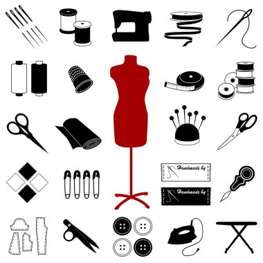 Dikiş ve Terzi Simgeleri, Moda Modeli, dikiş etiketlerini kendi metinlerinizle özelleştirin. Bunu kendin yapmak için araç gereç ve gereç dikmek, terzilik, terzilik, dikiş, örgü, sanat ve zanaat, beyaz üzerine izole edilmiş..  