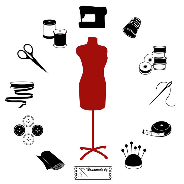 Sewing and Tailoring Circle, Fashion model with do it yourself tools and supplies for sewing, tailoring, dressmaking, needlework and crafts black and white circle design isolated on a white background. Customize the sewing label with your own text.  