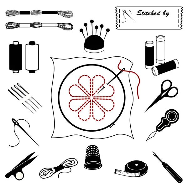 Iconos Aguja Herramientas Bricolaje Para Bordado Costura Apliques Brocado Punto — Vector de stock