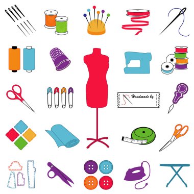 Dikiş ve Terzilik Simgeleri, terzilik, dikiş işi, hobi, el sanatları, diy moda: iğne, iplik, model, kurdele, makas, dikiş makinesi, iğneler, demir, ütü masası, kumaş, etiket, düğme, düğmeler, mezura, iplik, desen,