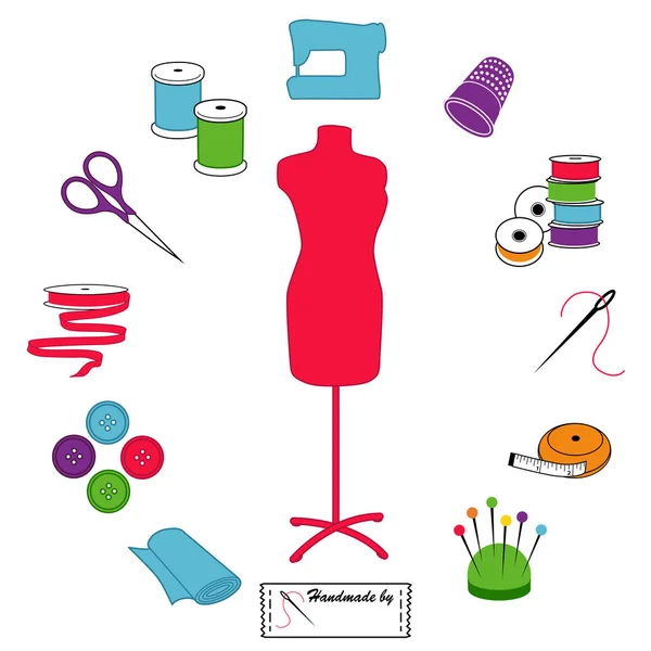 缝纫和裁剪灯具 圆圈设计 时装模特 缝纫工具和用品 缝纫机 带尺寸 — 图库矢量图片