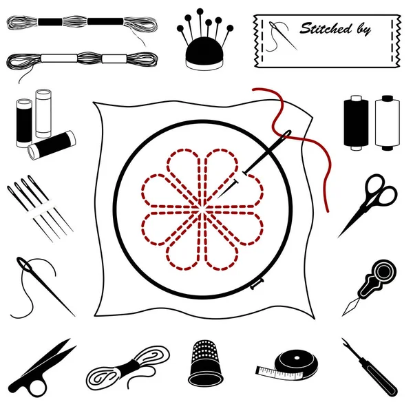 Iconos Aguja Colección Herramientas Suministros Para Bordado Costura Apliques Bargello — Vector de stock