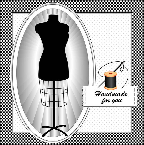 Sewing Mannequin, Tailor's dress form fashion model in oval frame, needle and thread, sewing label with text, "Handmade for you" or customize with your text, black and white check frame, polka dot background, black.