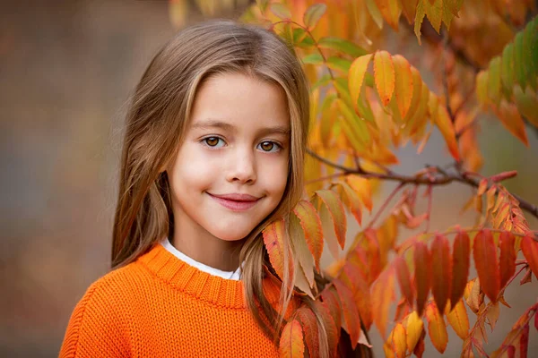 Kleines schönes Mädchen im orangefarbenen Pullover in der Nähe eines Astes im Herbst. — Stockfoto