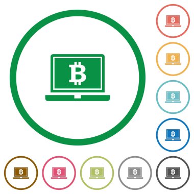 Laptop Bitcoin ile imzalamak anahatları ile düz simgeler