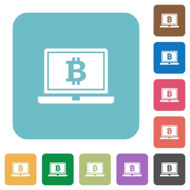 Dizüstü Bitcoin işareti ile yuvarlak kare düz simgeler