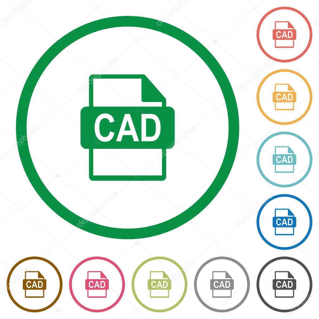 CAD file format flat icons with outlines