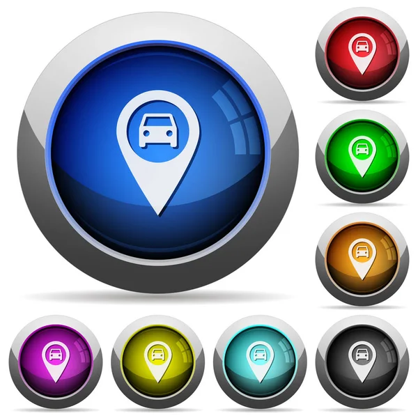Vehículo GPS mapa ubicación ronda botones brillantes — Vector de stock