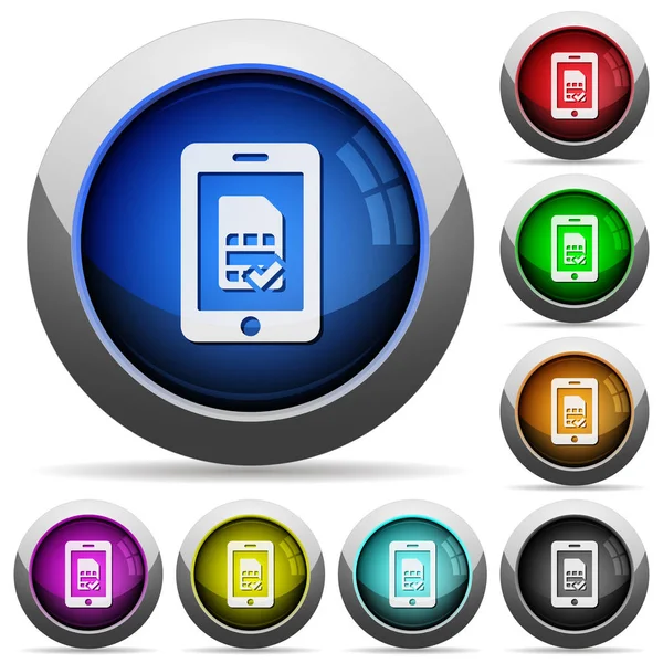 Simcard móvil verificado botones brillantes redondos — Vector de stock