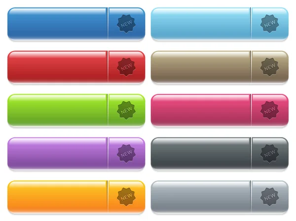 Neue Badge-Symbole auf farbig glänzendem, rechteckigem Menüknopf — Stockvektor