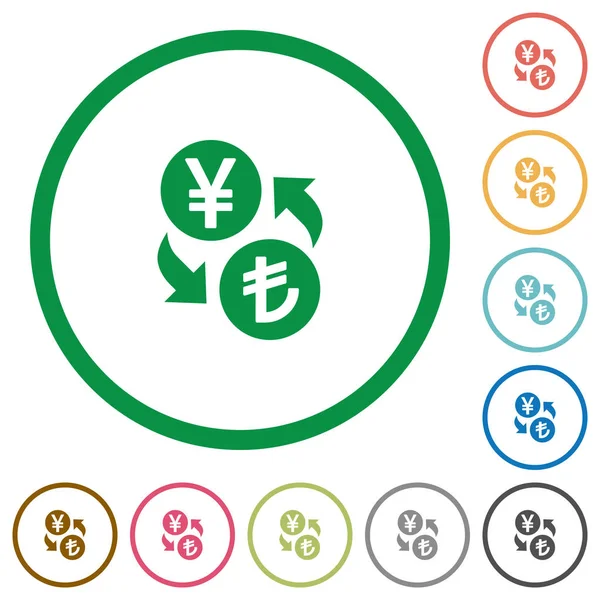 Yen lire geld uitwisseling plat pictogrammen met contouren — Stockvector