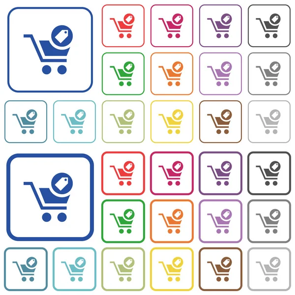 De functies van de aankoop van het product beschreven egale kleur pictogrammen — Stockvector