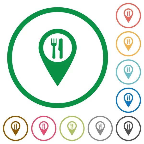 Restaurante GPS mapa localização ícones planos com contornos — Vetor de Stock