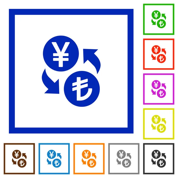 Yen lire geld wisselen platte ingelijste pictogrammen — Stockvector