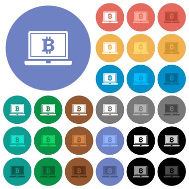 Dizüstü düz çok yuvarlak Bitcoin işaretiyle simgeler renkte