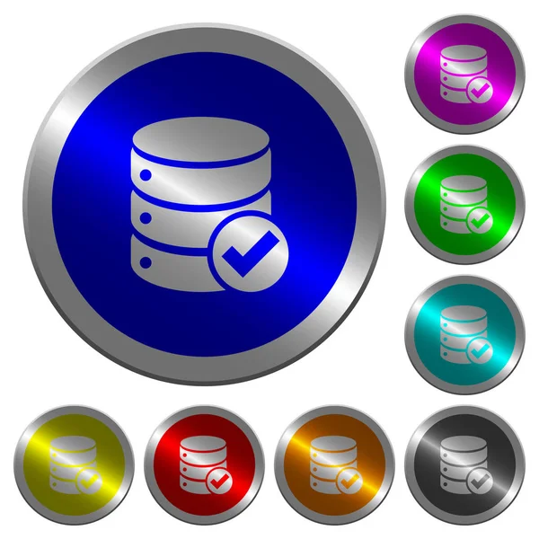 Base de datos ok botones de color redondos luminosos tipo moneda — Vector de stock