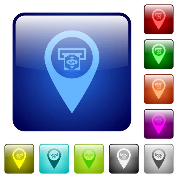 Banco ATM GPS mapa ubicación color botones cuadrados — Archivo Imágenes Vectoriales