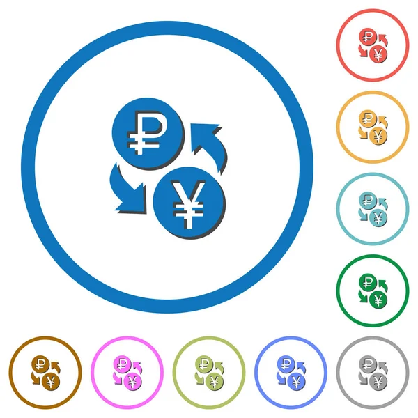 Iconos de intercambio de monedas de rublo yen con sombras y contornos — Vector de stock