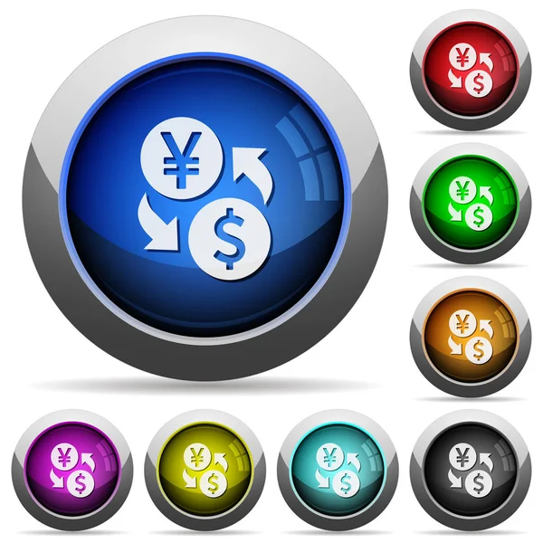 Yen Dollar troca de dinheiro redondo botões brilhantes — Vetor de Stock