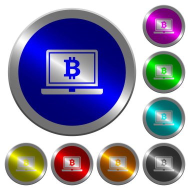 Bitcoin işareti parlak sikke benzeri yuvarlak renk düğmeleri ile dizüstü bilgisayar