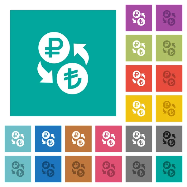Rublo Lira cambio de dinero cuadrado plano iconos multicolores — Vector de stock